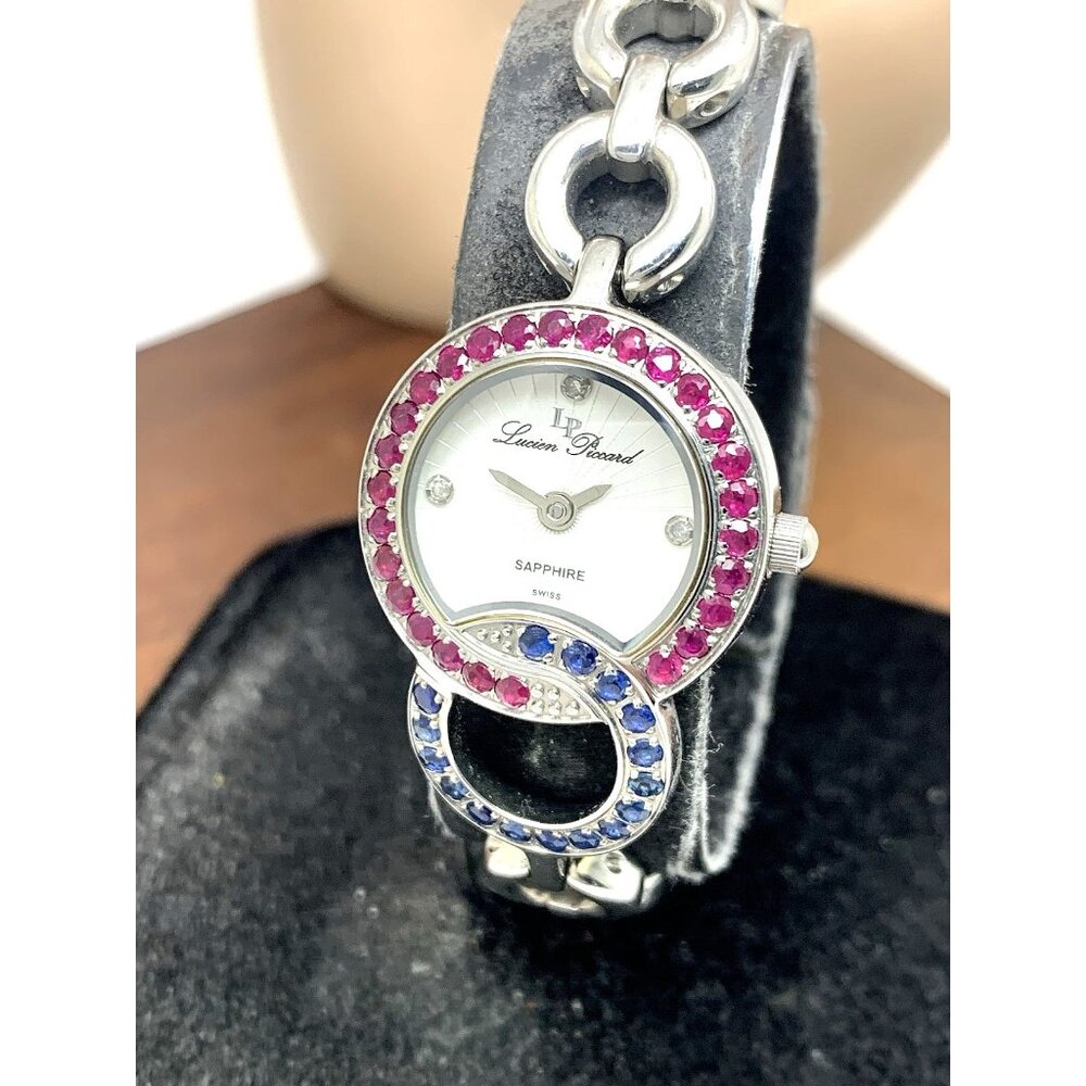 Lucien Piccard Women's Watch Swiss Quartz Blue Red Gemstone Steel 22mm Petite